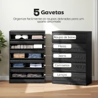 HOMCOM Cómoda 5 Gavetas Cômoda para Quarto Móvel de Arrumação Estilo Moderno 77x40x111,5 cm Preto Veteado(m-4)