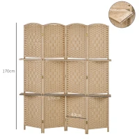 HOMCOM Biombo de 4 Painéis 160x170 cm Separador de Ambientes Dobrável com 2 Prateleiras de Exibição para Escritório Quarto Natural(m-3)
