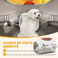PawHut Caisse de transport chat et chien, cage de transport avec porte acier, bol de nourriture, 49 x 32 x 31 cm, gris et crème(m-6)