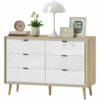 HOMCOM Cómoda 6 Gavetas Cómoda Quarto com Pernas de Madeira Estilo Moderno 110x40x75 cm Branco Brilhante e Carvalho(m-11)