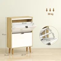 HOMCOM Sapateira Estreita com 2 Portas em Branco Brilhante e Estantes Ajustáveis Pés de Madeira para 12 Pares de Sapatos 60x24x91 cm(m-3)