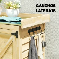 Outsunny Armário de Jardim em Madeira com Teto de Metal, Prateleiras e Ganchos para Armazenamento de Ferramentas, 71,5x39x95 cm(m-7)