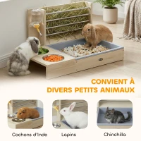 PawHut Râtelier à Foin en Bois pour Lapin Mangeoire Lapin 3 en 1 avec Bac à Litière et Bouteille d'Eau 58x40x32cm Bois Naturel(m-7)