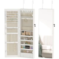 HOMCOM Espelho de Joias com Luz LED, Armário Montado na Parede ou Porta com Fechadura e Espelho Branco de Corpo Inteiro(m-10)
