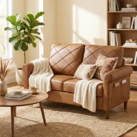 HOMCOM Sofá de 2 Lugares de PU com Pés de Madeira Encosto com Costuras Sofá Moderno para Sala de Estar Quarto Castanho(m-8)