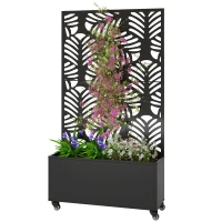 Outsunny Floreira Exterior Grande com Rodas e Painel de Privacidade com Folhas de Monstera Estrutura de Metal 90x30x160 cm Preto(m-11)