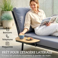 Outsunny Chaise Longue de Jardin avec Coussins Lavables en Oléfine et Étagère Latérale, Cadre en Métal, 58x137x75cm, Gris(m-5)