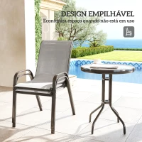 Outsunny Conjunto de Jardim de 3 Peças com Mesa Redonda Tampo de Vidro e Cadeiras Empilháveis para Exteriores Cinzento Claro(m-5)