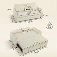 HOMCOM 3-in-1 Verstelbare Slaapbank, Tweezitter met Bekerhouders, Verstelbare Rugleuning en Zijvakken, Beige(m-3)