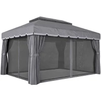Outsunny Pérgola de Jardim 390x290x270 cm com 4 Cortinas Laterais 4 Telas Mosquiteiras e 8 Orifícios de Drenagem Cinza(m-1)