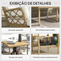 Outsunny Conjunto de Jardim Exterior em Vime com 1 Sofá de Dois Lugares 1 Espreguiçadeira e 1 Mesa de Centro Madeira e Creme(m-6)