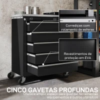 HOMCOM Carrinho de Ferramentas com 5 Gavetas Fecho Rodas com Travão e Bancada em Aço Inoxidável 65,5x34,5x76 cm Preto e Prateado(m-4)