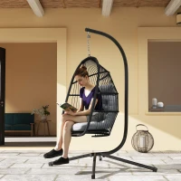 Outsunny Cadeira Suspensa Tipo Ovo com Estrutura, Cesta Dobrável Almofada e Apoio de Cabeça para Interior e Exterior Suporta 150 kg Cinzento(m-13)