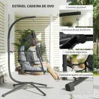 Outsunny Cadeira Suspensa Tipo Ovo com Estrutura, Cesta Dobrável Almofada e Apoio de Cabeça para Interior e Exterior Suporta 150 kg Cinzento(m-11)