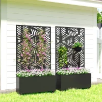 Outsunny Floreira Exterior Grande com Rodas e Painel de Privacidade com Folhas de Monstera Estrutura de Metal 90x30x160 cm Preto(m-9)