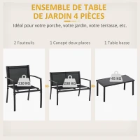 Outsunny Salon de jardin extérieur 4 pièces avec canapé 2 places, 2 chaises et table basse en verre trempé, coussins inclus, noir(m-4)