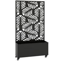 Outsunny Floreira Exterior Grande com Rodas e Painel de Privacidade com Folhas de Monstera Estrutura de Metal 90x30x160 cm Preto(m-1)