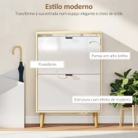 HOMCOM Sapateira Estreita com 2 Portas em Branco Brilhante e Estantes Ajustáveis Pés de Madeira para 12 Pares de Sapatos 60x24x91 cm(m-4)