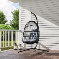 Outsunny Cadeira Suspensa Tipo Ovo com Estrutura, Cesta Dobrável Almofada e Apoio de Cabeça para Interior e Exterior Suporta 150 kg Cinzento(m-12)
