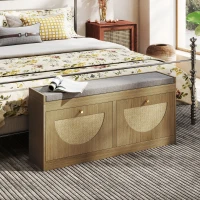 HOMCOM Banco Sapateira com Assento Acolchoado Portas em Vime Prateleira Ajustável para 8 Pares de Sapatos 104,5x24x48 cm Madeira(m-9)