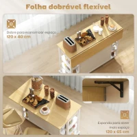 HOMCOM Ilha de Cozinha com Rodas Bancada Dobrável 2 Portas com Fecho Suave 2 Gavetas 6 Prateleiras Abertas 120x65x89 cm Branco(m-5)