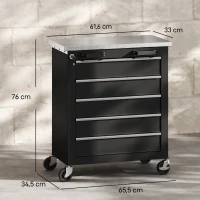 HOMCOM Carrinho de Ferramentas com 5 Gavetas Fecho Rodas com Travão e Bancada em Aço Inoxidável 65,5x34,5x76 cm Preto e Prateado(m-3)