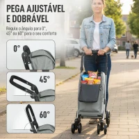 HOMCOM Carrinho de Compras Dobrável de 46 L de Alumínio com Saco Térmico 3 em 1 com 6 Rodas e Asa Ajustável 44x58x100 cm Cinzento(m-6)