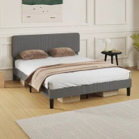 HOMCOM Cama 160x200 cm com Cabeceira Ajustável Estofada em Bombazina Ripas de Madeira Montagem Fácil Cinza Escuro(m-9)
