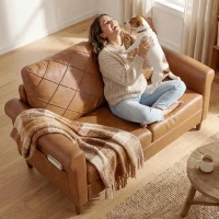 HOMCOM Sofá de 2 Lugares de PU com Pés de Madeira Encosto com Costuras Sofá Moderno para Sala de Estar Quarto Castanho(m-7)