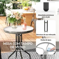 Outsunny Conjunto de Jardim de 3 Peças com Mesa Redonda Tampo de Vidro e Cadeiras Empilháveis para Exteriores Cinzento Claro(m-7)