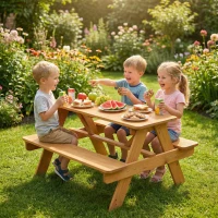 AIYAPLAY Ensemble salon de jardin extérieur enfant, table pique-nique enfant avec bancs, cadre en bois massif, bois naturel(m-10)