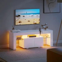 HOMCOM Meuble TV, meuble télé avec éclairage LED RGB, haute brillance, étagères en verre trempé, 120x34x45cm, blanc(m-2)