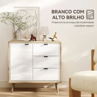 HOMCOM Aparador de Sala Moderno com 3 Gavetas Prateleira Ajustável e Pés em Madeira 80x35x77 cm Branco Brilhante e Carvalho(m-4)