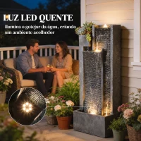 Outsunny Fonte de Água Decorativa com Iluminação LED e Vaso Fonte de Jardim Exterior em Cascata de 3 Níveis com Bomba Resistente à Intempérie para Jardim Pátio 38x19x101 cm Cinzento Escuro(m-5)