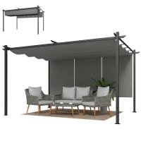 Outsunny Pérgola com Teto Retrátil de 390x293x220 cm Pérgola de Parede ou Independente com Lados Enroláveis Proteção UV30+ Cinzento(m-11)