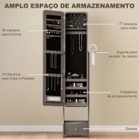 HOMCOM Espelho para Joias com Luzes LED Armário para Joias com Espelho de Corpo Inteiro Ajustável Gaveta Luzes com Desligar Automático Cinzento(m-5)
