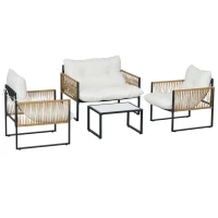 Outsunny Conjunto de Jardim Exterior em Rattan Sintético com 2 Poltronas 1 Sofá de 2 Lugares 1 Mesa de Centro e Almofadas Creme(m-11)
