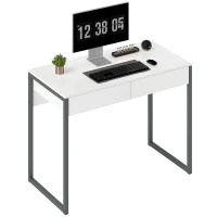 HOMCOM Secretária com 2 Gavetas 100x50 cm Mesa de Computador Pernas de Aço para Casa Escritório Espaços Pequenos Branco Brilhante(m-10)
