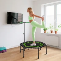 SPORTNOW Trampolim Fitness 114x114x132 cm com Guiador Ajustável em 3 Níveis Estrutura de Aço para Treino de Perna Corpo Verde(m-7)
