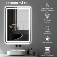 HOMCOM Espelho Casa de Banho com Luzes LED 70x100 cm Função Antiembaciamento 3 Temperaturas de Cor Ajustável e Função de Memória Prata(m-5)