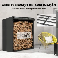 Outsunny Suporte Metálico para Lenha 140x70x154 cm com Capa Impermeável 600D Oxford Estrutura de Aço Preto(m-4)