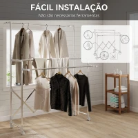 HOMCOM Estendal Vertical Dobrável de 3 Níveis Estendal de Aço Inoxidável com 3 Barras Ajustáveis e Extensíveis 4 Rodas 104-150x103x145-197 cm Prateado(m-7)