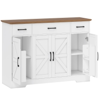 HOMCOM Aparador de Cozinha Rústico 4 Prateleiras de Porta Prateleiras Ajustáveis 3 Gavetas 120x38x87 cm Branco e Nogueira