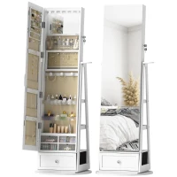 HOMCOM Espelho de Pé Giratório 360° com Espelho com Interior Iluminado Organizador de Jóias com Prateleiras e Gavetas 56x56x164 cm Branco(m-10)