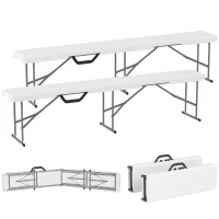 Outsunny Banc de jardin Lot de 2 bancs pliants avec poignée de Transport en Métal et HDPE 182 x 28 x 42 cm Blanc(m-11)