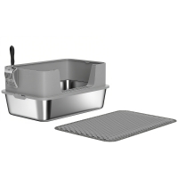 PawHut Bac à litière XL en acier inoxydable, maison de toilette pour grand chat, nettoyage facile 60,2 x 40,2 x 29,5 cm, gris
