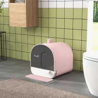 PawHut Bac à litière pour chat avec porte battante pelle et filtre inclus dim. 43L x 44l x 47H cm rose(m-9)