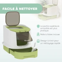 PawHut Maison de toilette pour chat bac à litière fermé chat avec porte translucide pelle incluse 40,5 x 52,5 x 42,5 cm vert(m-5)