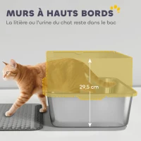 PawHut Bac à litière XL en acier inoxydable, maison de toilette pour grand chat, nettoyage facile 60,2 x 40,2 x 29,5 cm, gris(m-5)