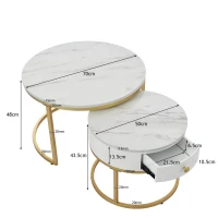 Set 2 tavolini moderni annidati in metallo effetto oro, 70x70x48 cm/50x50x43.5 cm, Bianco(m-3)